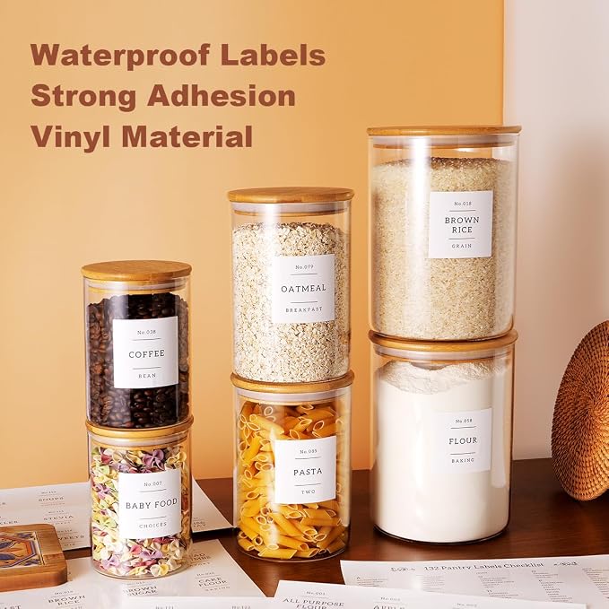 CZZGSM Set of 6 Glass Flour and Sugar jars with 132 Kitchen Pantry Labels - Thicken Large Glass Storage containers with Airtight Bamboo Lid - Rice Canisters for Salt Coffee - 100OZ/54OZ/27OZ - Image 3