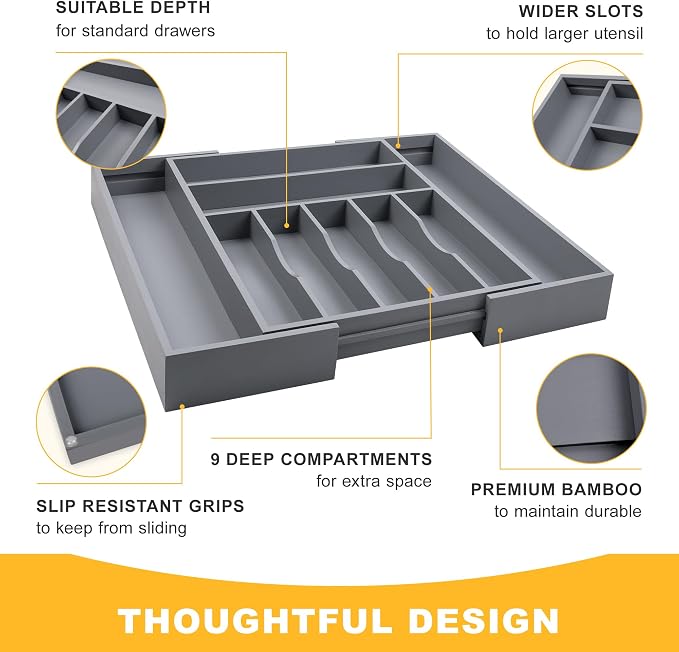 Large Premium Bamboo Silverware Organizer - Expandable Drawer Organizer & Utensil Organizer - 17"x19.7" Cutlery Tray with Dividers for Kitchen Utensils and Flatware (7-9 Slots) (Grey) - Image 6