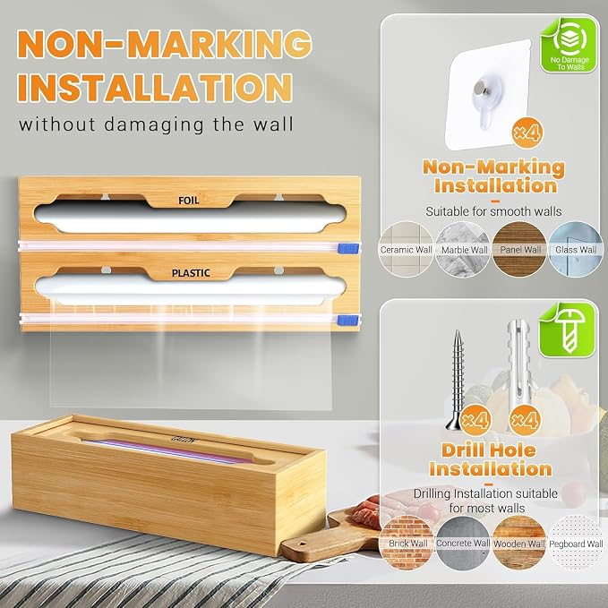 6 In 1 Bag Storage Organizer With Foil and Plastic Wrap Dispenser | Extended Aluminum Foil Holder, Bamboo Baggie Drawer for Gallon, Quart, Snack - Image 4