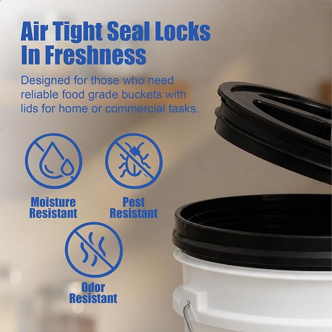 5 Gallon Bucket - Food Grade w/Lid BPA-Free, White/Black, 3 | Airtight Gamma Seal Screw-On Lid, Heavy-Duty 90 Mil HDPE Plastic, Food Safe and Durable Container, Bulk Storage, Made in USA - Image 5