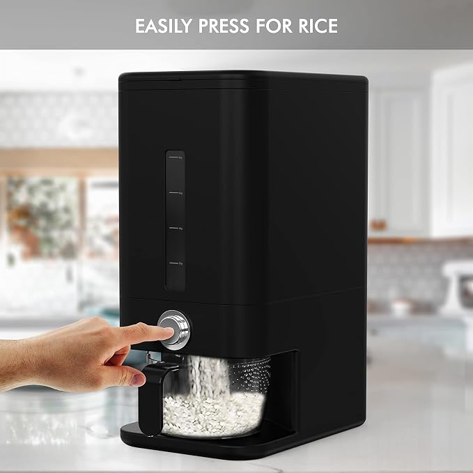 25lb Rice Dispenser - Air Tight Grain & Rice Container With Smart Quantity Dispense, Measuring Cup - NEW Black Design Grain Storage Container. - Image 3