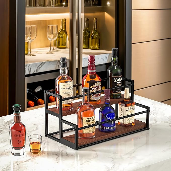 THYGIFTREE Liquor Bottle Display Shelf, 2 Tier Coffee Syrup Rack Organizer & Bar Shelf Stand for Liquor, Whiskey, Olive Oil, Kitchen Counter & Home Bar Storage - Image 2