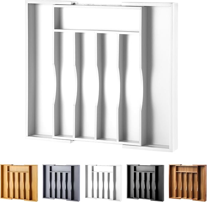 Expandable Bamboo Kitchen Drawer Organizer for Cutlery and Utensils, Adjustable Bamboo Wood Cutlery Tray in Drawer for Flatware and Silverware in Kitchen, (White) by oridom