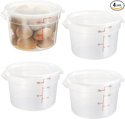 12 Quart Translucent Round Food Storage Container with Lid, Pack of 4 – NSF Listed, BPA-Free, Commercial-Grade Polypropylene, Freezer & Dishwasher Safe, Non-Stick, Easy-Read Graduations by CURTA