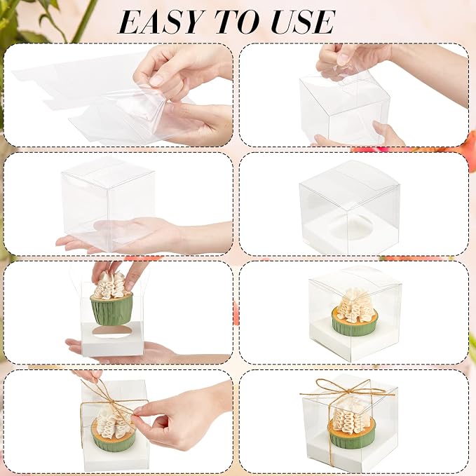 96 Pieces Individual Cupcake Boxes Single Cupcake Container Clear Cupcake Carrier Plastic Cupcake Storage Cupcake Holder with Ribbon and Insert for Wedding Birthday Party Favor, 3.5 x 3.5 x 3.5(White) - Image 4