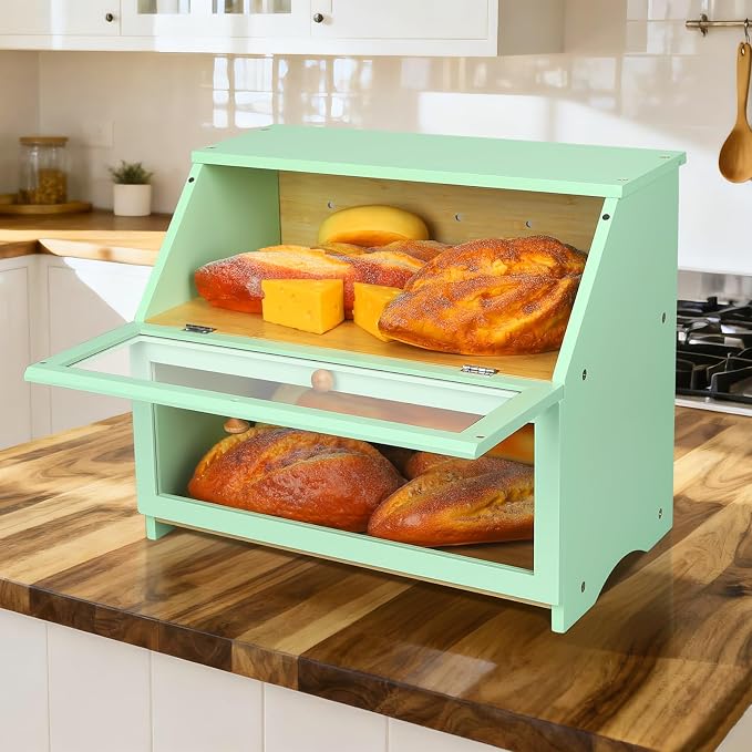 HOMEKOKO Double Layer Bread Boxes for Kitchen Countertop, Mint Green | Keeps Bread Fresh 3-4 Days, Large Capacity Fits 2+ Loaves, Suitable For Home Kitchen Food Storage Use, See-Through Window - Image 5