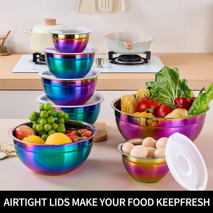 Rainbow Mixing Bowls with Lids Set of 7, Stainless Steel Nesting Bowl with Khaki Lid for Non-slip Mixing Prepping Storing Serving, 7 Sizes-7/3.6/2.7/2.1/1.5/1/0.8 QT - Image 5