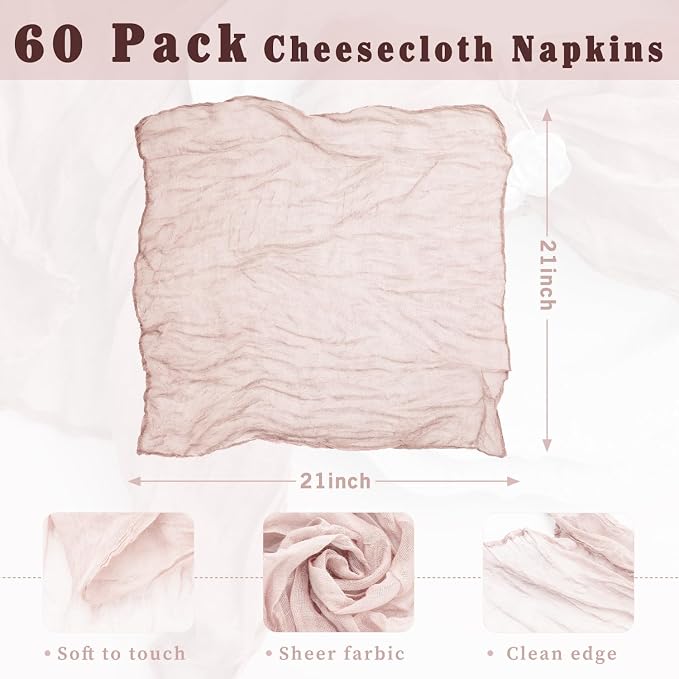 60 Pack Dusty Pink Cloth Napkins 21x21 Inches Dusty Pink Cheesecloth Napkins Set of 60 Washable Dinner Table Napkins for Wedding Bridal Baby Shower Party Rustic Boho Cotton Gauze Party Table Decor - Image 3