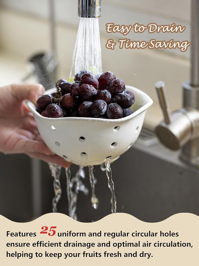 Gomakren Ceramic Berry Basket Set of 2, Rustic Fruit Basket Container 6 Inch, Fruit Bowl with Holes for Kitchen, Berries, Strawberry, Grape, Cherry, Floral Shape - Cream White - Image 4