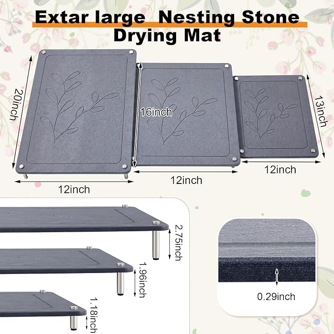 3 Tiers 20"x12" & 16"x12" &13"x12" Large Nesting Stone Dish Drying Mats for Kitchen Counter Absorbent Quick Dry Diatomaceous Earth Mat with Non-slip Feet for Pot Dishes Tableware (Dark Gray) - Image 2