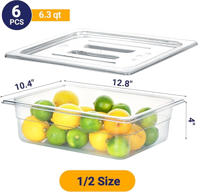 BIEAMA 6 Pack 1/2 Size 4" Deep NSF Polycarbonate Food Pans with Lids | Stackable clear containers for meal prep, buffet, salad bars, commercial & home kitchen; dishwasher safe and freezer safe - Image 2