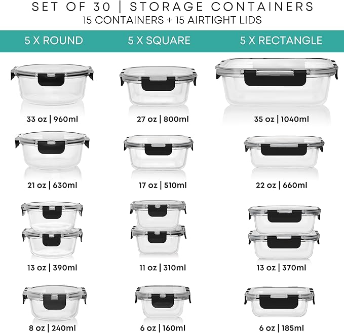 Razab 30 PC Glass Food Storage Containers with Lids - Reusable Glass Meal Prep Containers for Lunch and Leftovers - Airtight & Leakproof Snap Locking Lids - Oven, Freezer, Microwave, Dishwasher Safe - Image 2