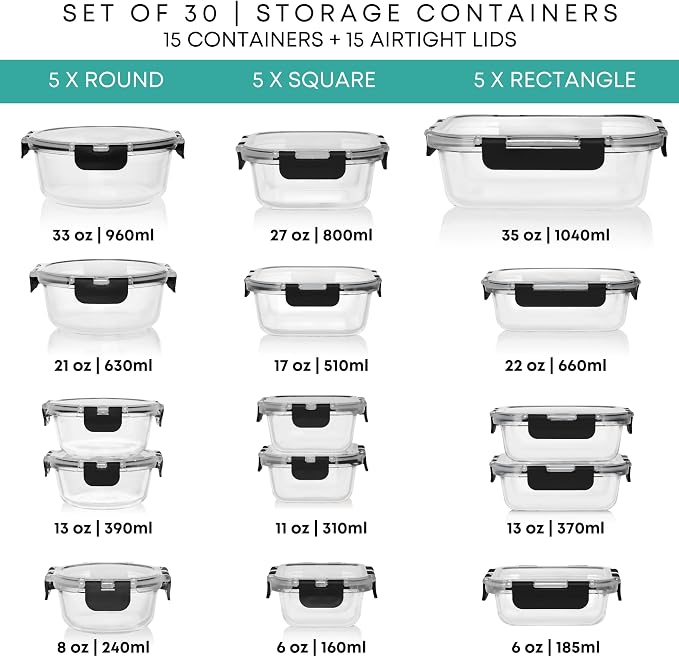 Razab 30 PC Glass Food Storage Containers with Lids - Reusable Glass Meal Prep Containers for Lunch and Leftovers - Airtight & Leakproof Snap Locking Lids - Oven, Freezer, Microwave, Dishwasher Safe - Image 2