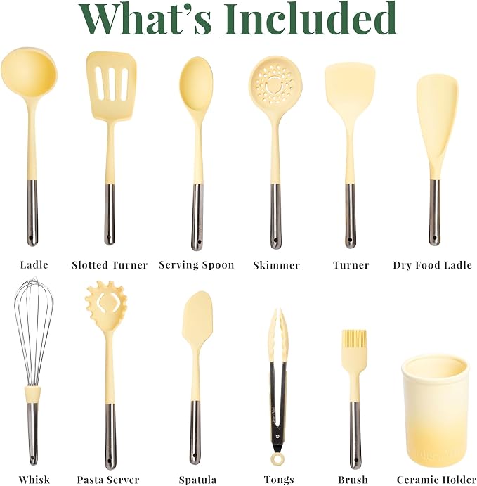 Larder & Vine 12-Piece Silicone Kitchen Cooking Utensils Set with Stainless Steel Handle and Ceramic Holder, Dishwasher Safe Set of Kitchen Essentials (Limoncello) - Image 3