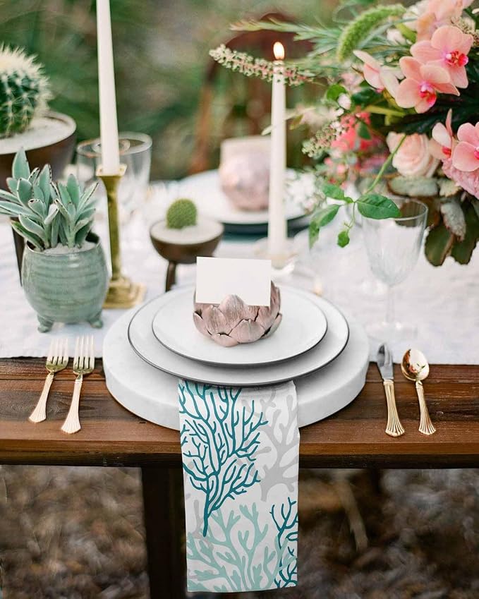 Turquoise Coral Cloth Napkins Set of 8 - Washable Dinner Napkins Reusable Table Napkins for Home Party Weeding Dining Table Setting Decoration, Oversized 20"x20" Gradient Teal Gray Modern White - Image 4