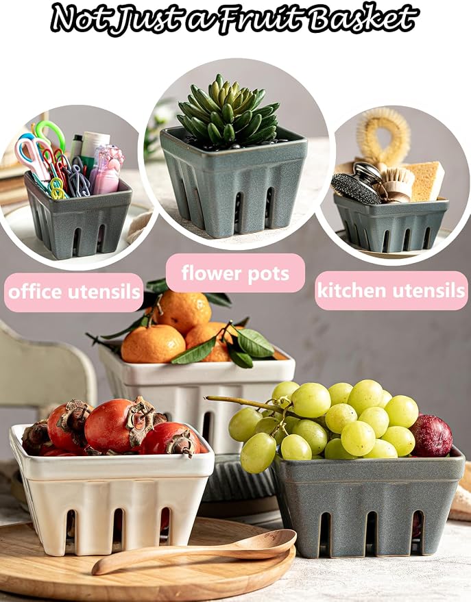 Gomakren Fruit Basket for Kitchen, Berry Washing Bowl, Ceramic Berry Basket Set of 2, Fruit Bowl with Holes, 5.7 Inch Square Berry Containers for Fridge, Table, Modern Kitchen Decor, Slate Blue - Image 7
