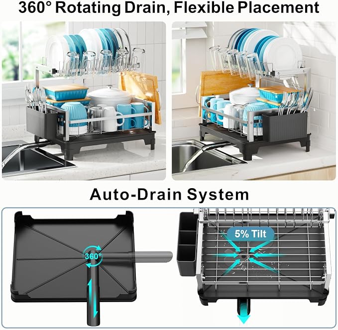 Stainless Steel Dish Drying Rack 2 Tier, Compact Dish Racks for Kitchen Counter with Cutting Board Holder, Auto-Drain Spout, Rust Proof Dish Drainer for Apartment, 21" L x 12.6" W, Silver - Image 3