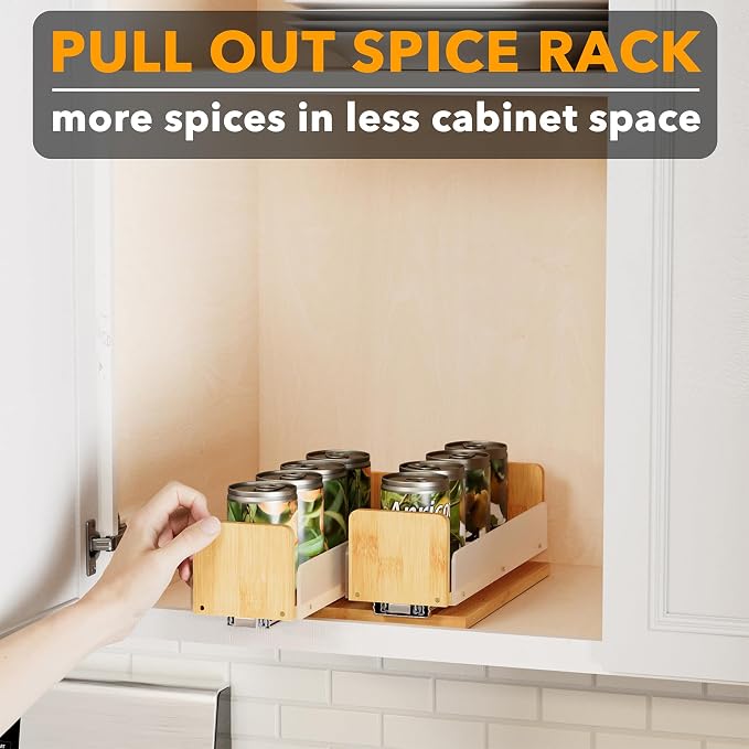 SpaceAid Bamboo Pull Out Spice Rack Organizer for Cabinet, Heavy Duty Slide Out Seasoning Kitchen Pantry Sliding Vertical Organization, 7.3" Wide, 2 Drawers(3" Wide), 1-Tier, Natural - Image 5