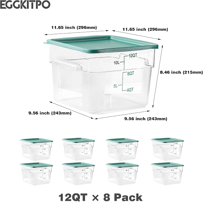 8 Pack 12 QT Food Storage Containers with Green Lids Hot Cold Resistant Stackable Square Commercial Container Set with Handle Scarle Commercial Kitchen service Business BPA-Free Polycarbonate - Image 4