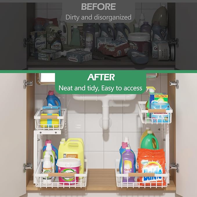 ADRIMER Under Sink Organizer 2 Packs, Pull Out Kitchen Sink Organizer, 2 Tier Slide Out Kitchen Organizers and Storage Bathroom Under Cabinet Storage Shelf, White - Image 4