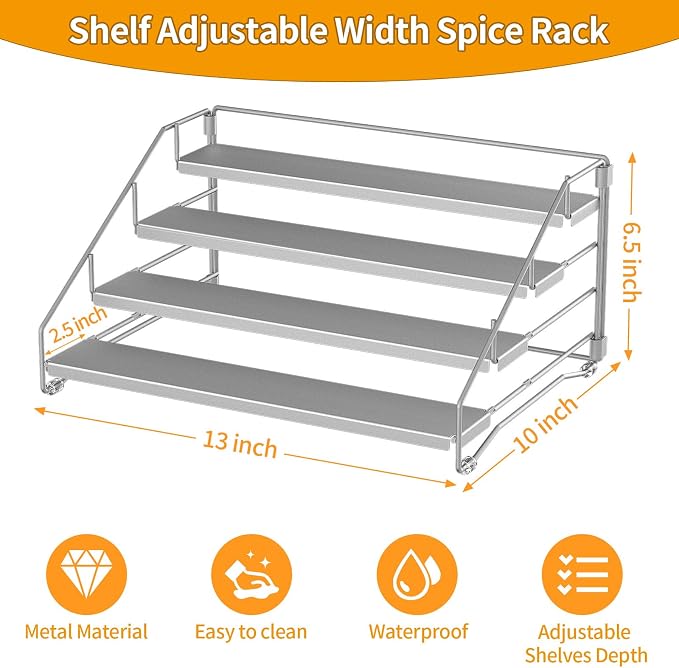 BOIVSHI Spice Rack, Depth Adjustable Spice Organizer for Cabinet, Gray | 4 Tier Spice Rack Organizer for Countertop, Metal Space-saving for Pantry, Seasoning Organizer No-screw Assembly, 1 Pack - Image 4