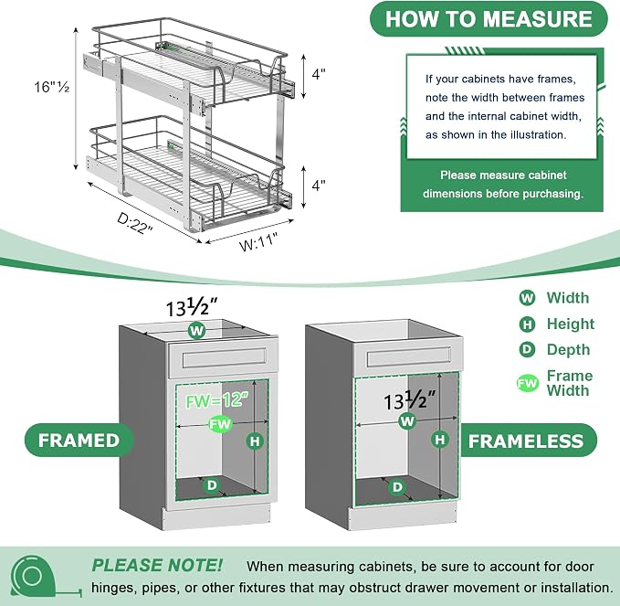 2-Tier Pull Out Cabinet Organizer (11" W x 22" D) | Soft Close Cabinet Slide Out Shelves, Heavy Duty Slide Out Drawers with Shelf Liner for Kitchen Cabinets, Pantry, Bathroom - Image 3