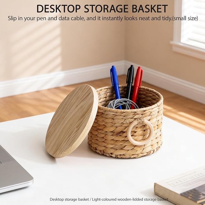 Woven Water Hyacinth Storage Basket Set of 2 with Lids | Stackable Rectangular Baskets,Decorative Natural Storage for Organization, Home, Closet, Desktop & Shelves - Image 5