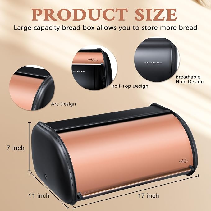 ENLOY Bread Box for Kitchen Countertop, Stainless Steel Bread Storage Bin for Kitchen with Roll Up Lid, Large Capacity Bread Keeper Holds Large Loaves of Bread (Rose Gold) 17 x 11 x 7 IN - Image 2