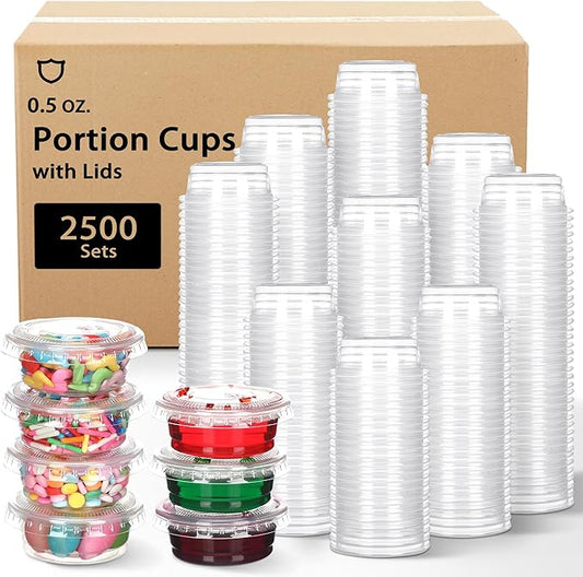 2500 Sets 0.5 Oz Clear Plastic Portion Cups With Lids Condiment and Dipping Sauce Container Salad Dressing Container Airtight and Stackable Souffle Cups for Lunch, Party, Trips by Bokon