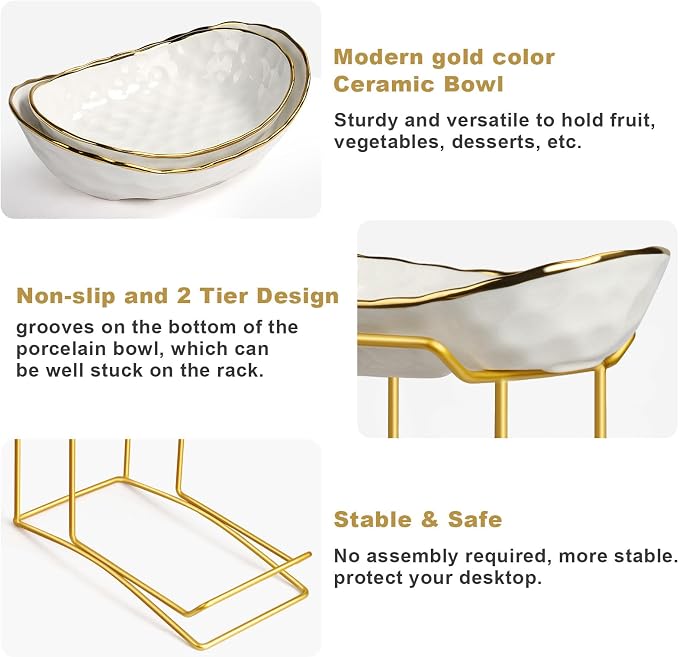Fruit Bowl for Kitchen Counter, 2 Tier Fruit Basket for Counter, Ceramic Fruit tray, Tiered Holder with Metal Stand, Modern Detachable Rack for Vegetable Snack Dessert Storage (Gold&White) - Image 6