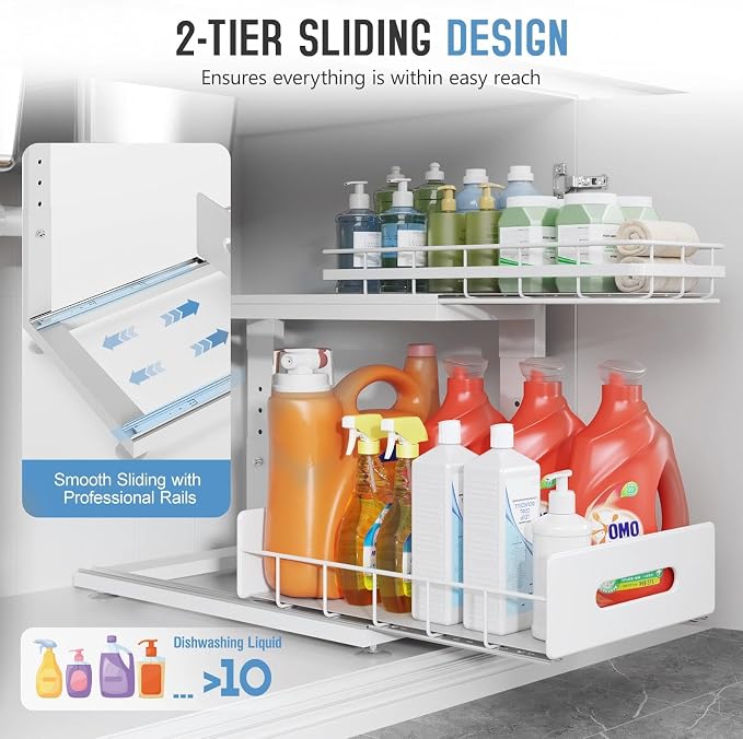 Under Sink Organizer Upgrade To Professional Rails,2-Tier Dual Pull Out Cabinet Storage,Height Adjustable Slide Out Drawers For Bathroom Kitchen,2 Pack-16.7"Dx12.8"-16.9"H,White - Image 5
