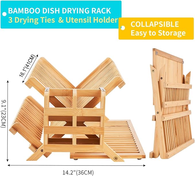 Bamboo Dish Drying Rack, 3 Tier Collapsible Wooden Dish Drainer Rack with Utensil Holder, Plate Rack for Kitchen Counter, Large Folding Drying Holder 51 pcs Grid - Image 5