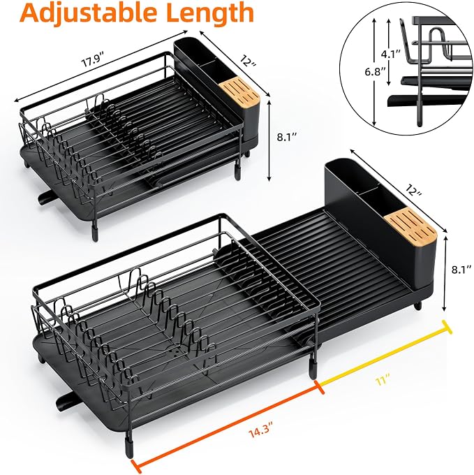 Urackify Extendable Dish Drying Rack, 18.5"-26.7" L x 12.7" W, Black | Multifunctional large dish rack with cup holder and built-in cutlery holder for versatile drying needs - Image 8