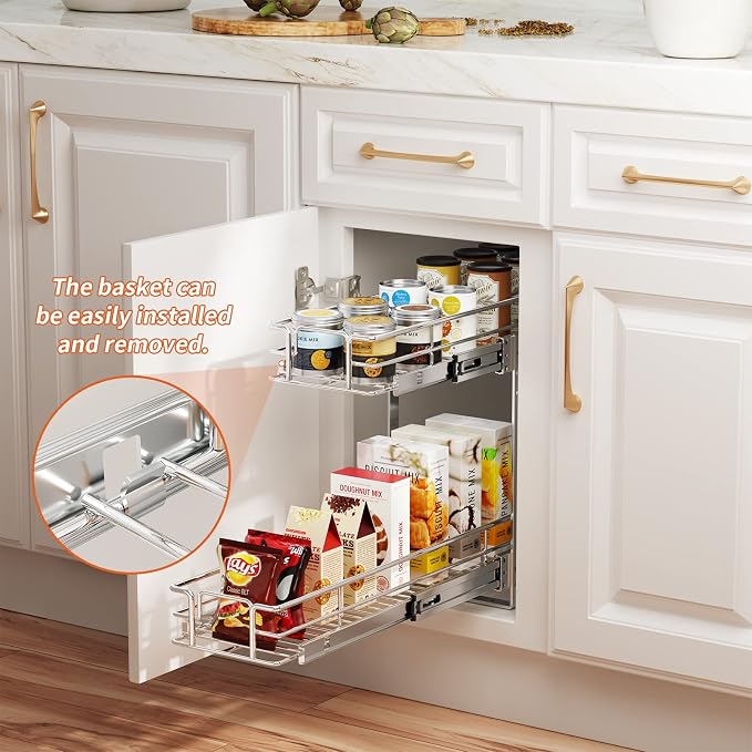 ROOMTEC Individual Pull Out Cabinet Organizer (9" W x 21½" D), 2 Tier Spice Rack Organizer for Cabinet, Slide Out Drawer Pantry Shelf Organization and Storage for Kitchen Bathroom - Image 5