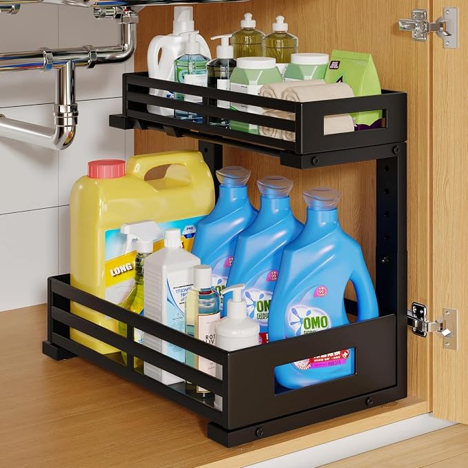 1-Pack Under Sink Organizers and Storage,2-Tier L Shape Pull Out Cabinet Organizer With Round Tube Slide Rails,Hight Adjustable Slide Out Drawers for Kitchen&Bathroom,Multi-Purpose Storage Shelf-Black by UnderSinkOrganizer