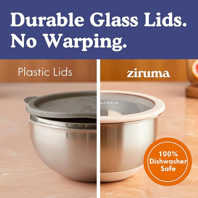 Non-Toxic Stainless Steel Mixing Bowls, Glass Lids, Plastic Free, 5-Pcs | LFGB platinum silicone seal. Keeps food fresh longer. Airtight. Non-slip silicone base. Dishwasher safe. Measurement marks. - Image 4