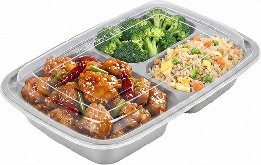 Asporto 26 Ounce Compartment Take Out Boxes, 100 Microwavable Meal Prep Containers - 3 Compartments, With Clear Plastic Lids, Silver Plastic Food Containers, Do Not Contain BPA - Restaurantware by Restaurantware