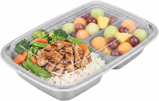 Asporto 26 Ounce Compartment Take Out Boxes, 100 Microwavable Meal Prep Containers - 3 Compartments, With Clear Plastic Lids, Silver Plastic Food Containers, Do Not Contain BPA - Restaurantware - Image 6
