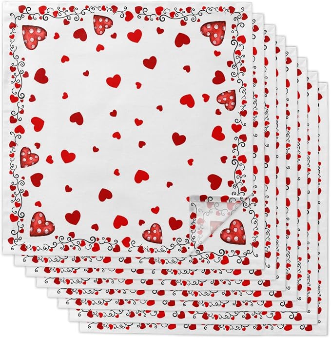 Valentines Cloth Napkins Set of 8, Red Love Heart Polka Dot Black Lace Dinner Napkins Cloth Washable, Cocktail Napkins Reusable for Wedding, Party, Birthday (20"x20") by Unknown