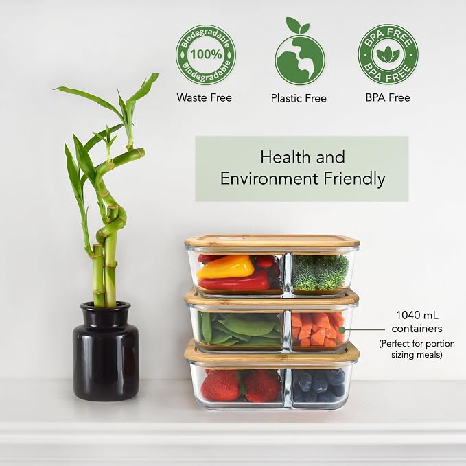 Glass Meal Prep Containers with Bamboo Lids, 2 Compartment Glass Bento Box Container Set (3 Pack) | 100% Plastic Free, Eco-Friendly, Lunch Containers with Lids Made of Bamboo - Set of 3 - Image 6