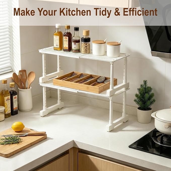 Expandable Cabinet Organizer Shelf, Adjustable Height Under Sink Storage Organizer, Shelf Riser for Kitchen, Bathroom, Wardrobe, Under Sink Counter(Beige) (1) - Image 3