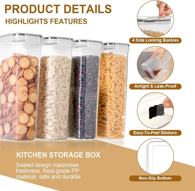 Cozary 2.8L Airtight Food Containers 4 Pieces, Plastic Food Containers with Label, BPA-Free, Airtight Food Storage Jars for Pasta, Cereals, Muesli, Flour - Image 3