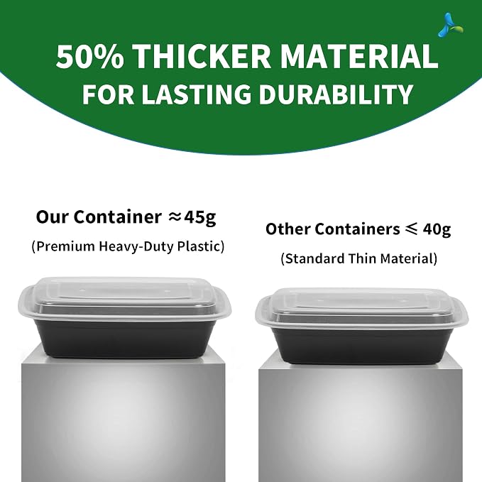 38oz Meal Prep Containers, 50 Pack Disposable Food Storage Boxes with Lids | Heavy Duty, Single Compartment, Leakproof Lids, BPA Free, Microwave Freezer Safe, Plastic To Go Bento Boxes for Lunch Takeout - Image 3