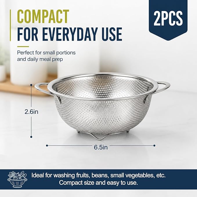 Palksky Small Colander Set of 2, 800 mL / 0.85 Qt Stainless Steel Mini Colanders with Riveted Handles, Footed Base & Micro-Perforations, Berry Wash Bowl for Berries, Fruits, Vegetables & Pasta - Image 3