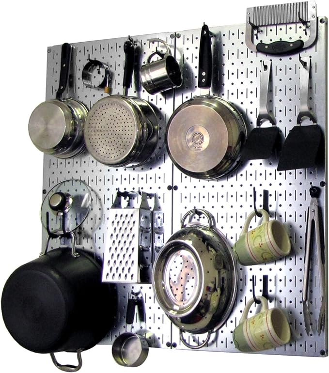 Wall Control Kitchen Pegboard Organizer Pots and Pans Storage Rack Organization Kit with Metallic Silver Pegboard and Black Accessories by Wall+Control