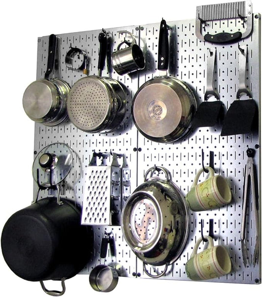 Wall Control Kitchen Pegboard Organizer Pots and Pans Storage Rack Organization Kit with Metallic Silver Pegboard and Black Accessories by Wall+Control