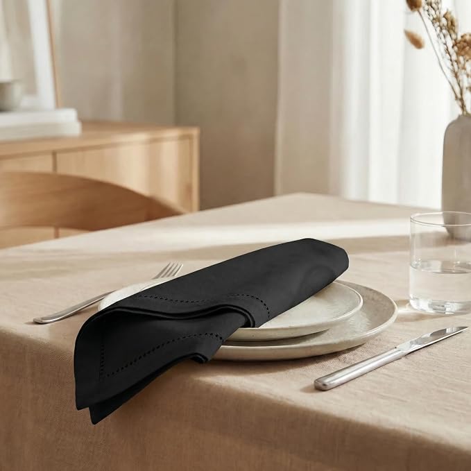 Urban Villa Hemstitch Cloth Dinner Napkins Cotton 20”x20” (Set of 12)-Black - Image 4