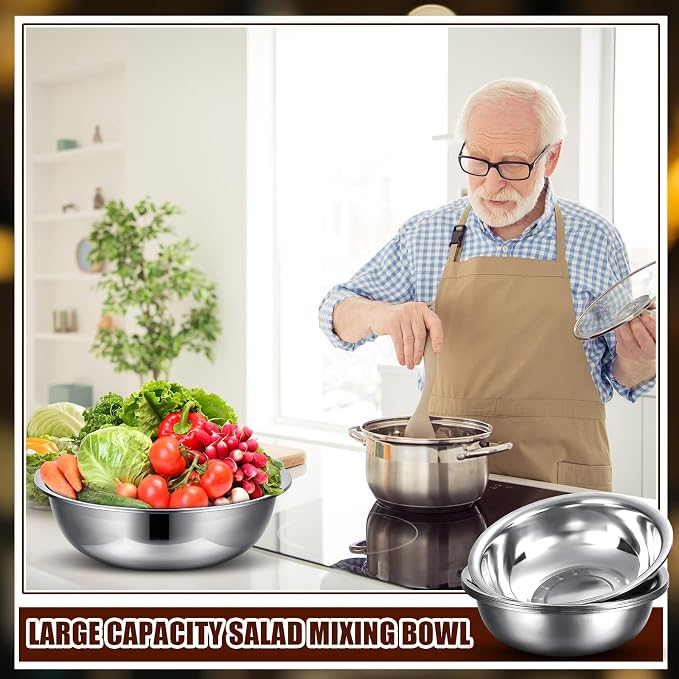 Nuogo 8 Pcs Stainless Steel Mixing Bowls Metal Mixing Bowls Extra Large Basin Salad Basin Deeper Edge Dishwasher Safe Mirror Finish for Home and Commercial, Silver (16 Inch 13 Qt) - Image 4