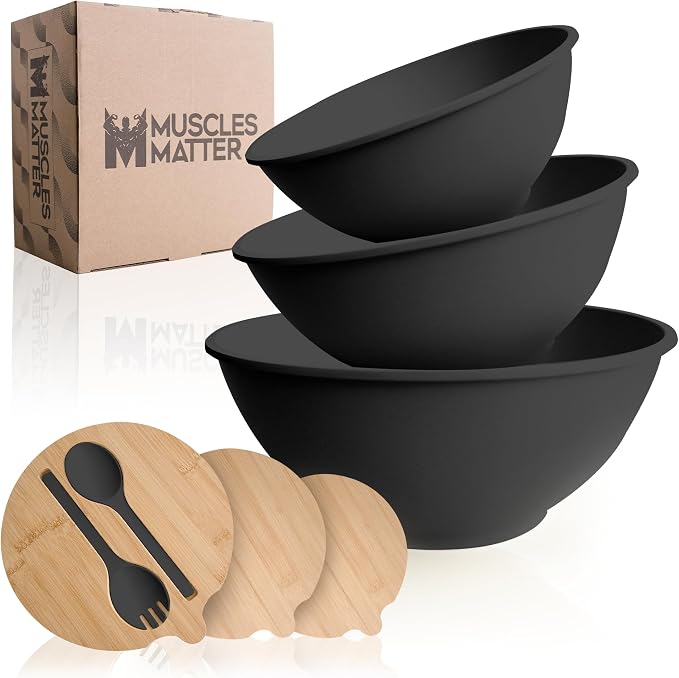 Bamboo Eco Salad Bowl Set - Set of 3 Salad Bowls Large with Seal Lid & Serving Utensils - Bamboo Fiber Bowl Set Perfect for Mixing, Serving, and Storage - Midnight Black by Muscles+Matter