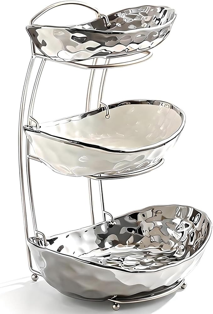 XUDREZ 2 Tier/ 3 Tier Fruit Bowl with Metal Stand for Kitchen Counter, Ceramic Gold Silver White, Portable Tiered Fruit Basket Fruit Rack for Nuts, Snacks, Bread, Candy Storage (Silver B, 3 Tier) by XUDREZ